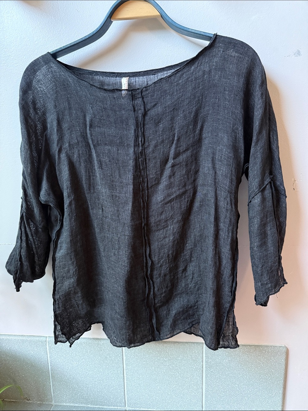 Nuthatch Made in Maine Black Linen Raw-Edge Top - Artisan Deconstructed Boatneck